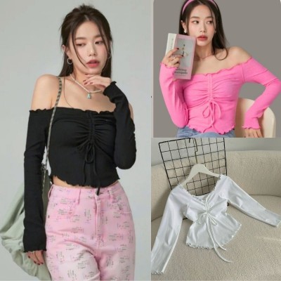 Áo thun nữ tay dài trễ vai kèm dây rút tôn vòng 1 chất borip cotton mặc mát dễ phối xinh xắn có bigsize 50-95kg A239