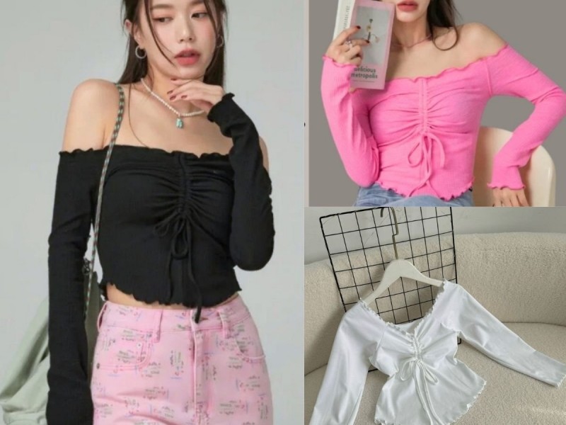 Áo thun nữ tay dài trễ vai kèm dây rút tôn vòng 1 chất borip cotton mặc mát dễ phối xinh xắn có bigsize 50-95kg A239