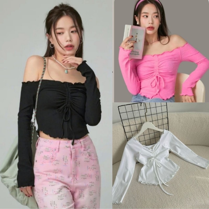 Áo thun nữ tay dài trễ vai kèm dây rút tôn vòng 1 chất borip cotton mặc mát dễ phối xinh xắn có bigsize 50-95kg A239